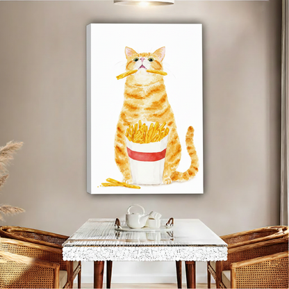 Cute tabby cat with fries framed canvas, humorous kitchen wall decor