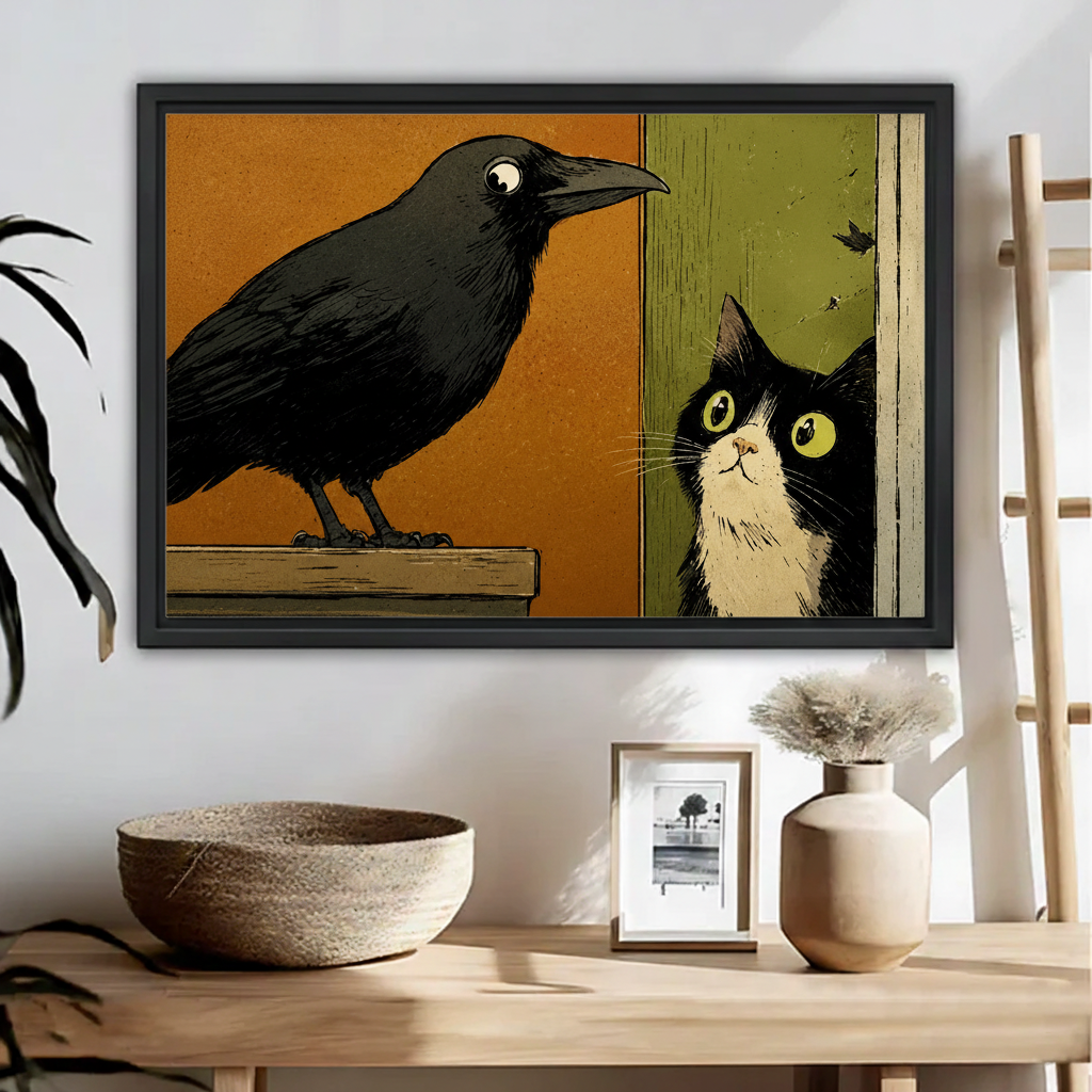 Vintage crow and cat wall art print, bold comic illustration of black crow facing tuxedo cat, black frame
