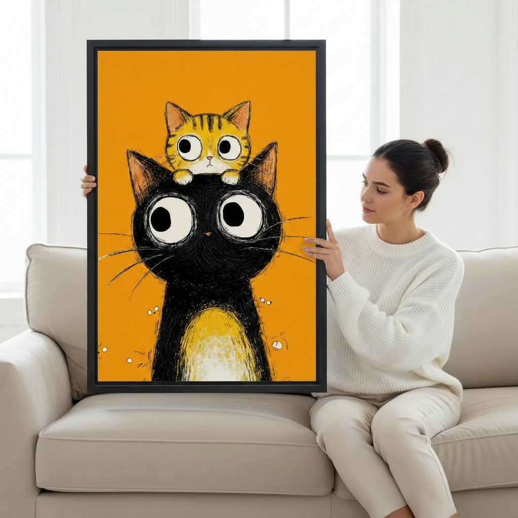 Whimsical funny cat wall art for kids room or living room — black cat with kitten on head illustration
