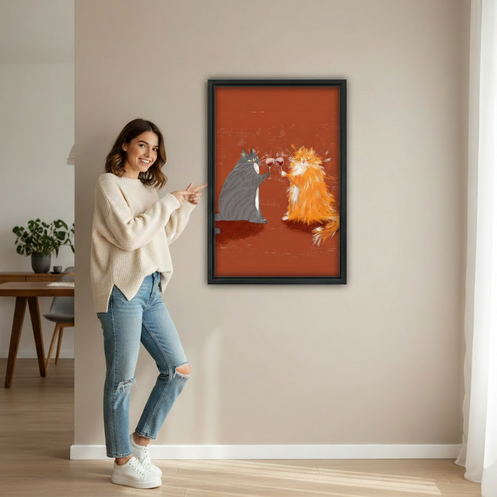 Two cats cheers wine retro terracotta wall art displayed in living room, charming cat canvas print