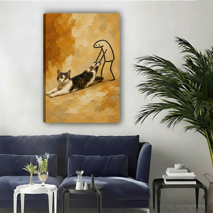 Humorous cat canvas art – oil painting of a cat refusing to move, gallery wrap canvas print, funny living room wall decor