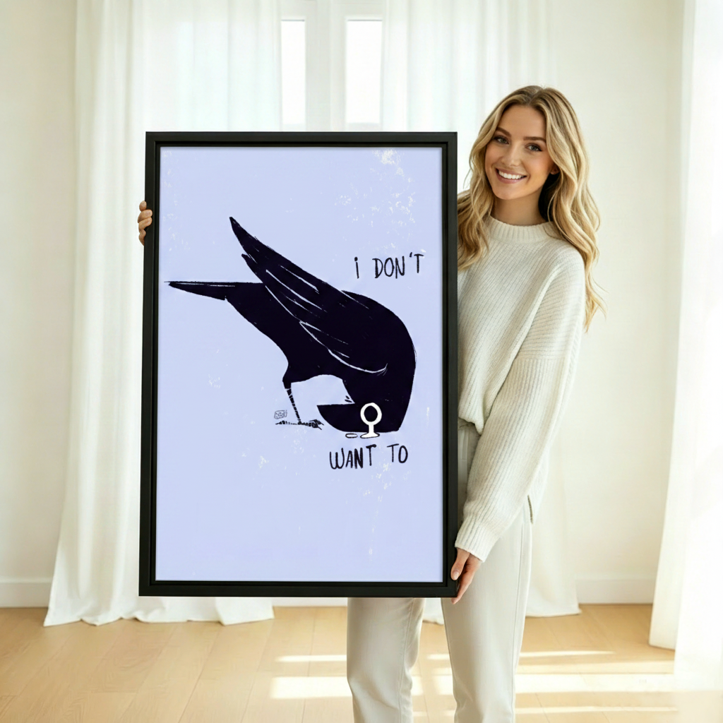 Humorous bird quote canvas art framed on wall – quirky minimalist print perfect for bedroom or office decor