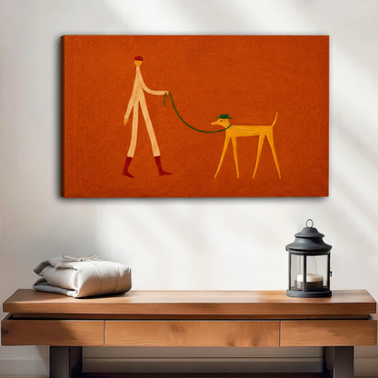Minimalist folk art canvas of a person walking a dog on terracotta background — gallery wrap for modern home decor
