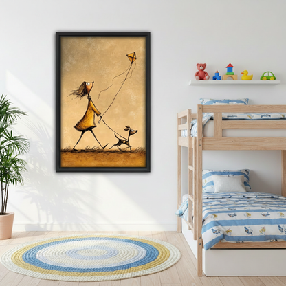 Girl walking dog kite wall art print in cozy bedroom above bed, whimsical sketch canvas decor for warm and joyful living space