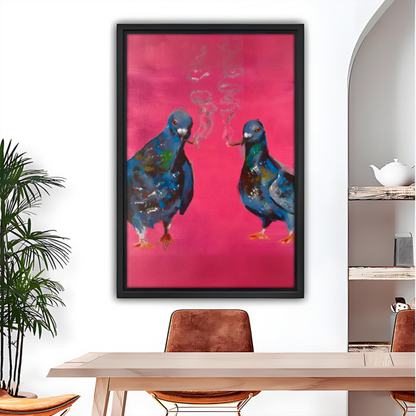 Two pigeons pink pop art oil painting framed canvas wall art, black frame, bold blue birds on hot pink background, dining room wall decor above wooden table