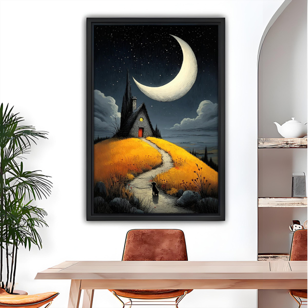 Gothic Fantasy Black Dog Moonlit Night Framed Canvas Art l2691