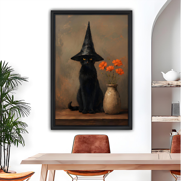 Gothic black cat witch hat oil painting framed canvas wall art – vintage dark print above dining table