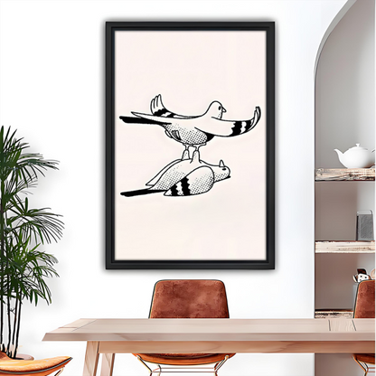 Minimalist line art pigeons Nordic framed canvas wall art – black white bird print above dining table