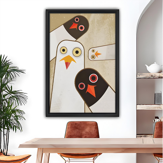 Abstract geometric birds Nordic framed canvas wall art – minimalist trio bird print above dining table