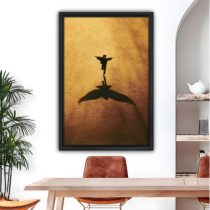 Freedom boy bird shadow silhouette framed canvas wall art – inspirational golden print above dining table