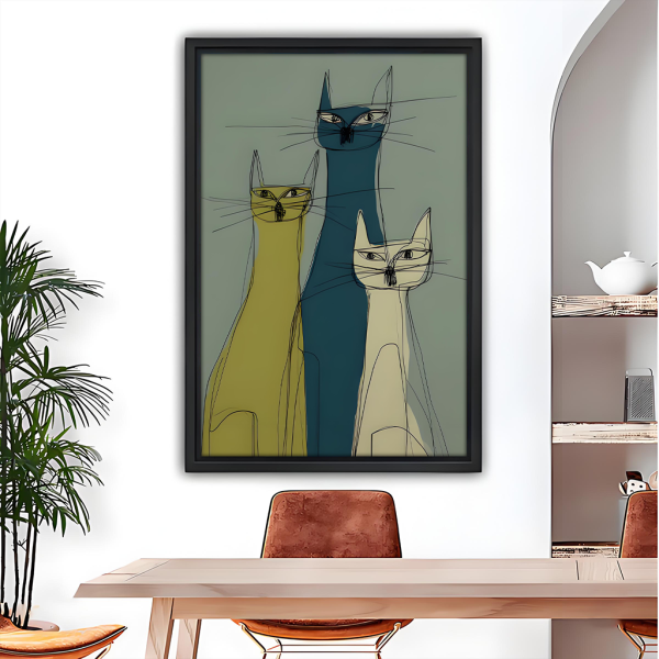 Mid-Century Modern Cats Trio Framed Canvas Wall Art l2690