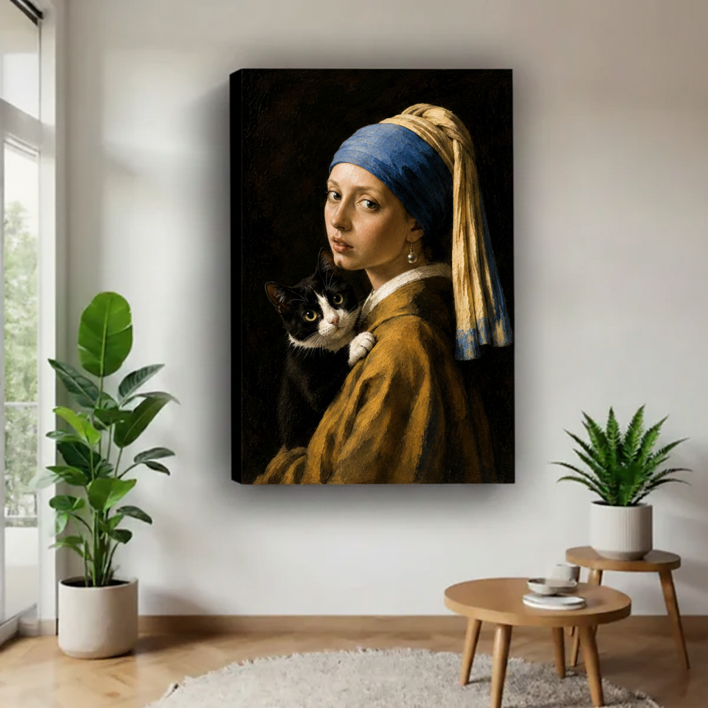 Gallery wrap canvas of Vermeer-inspired girl holding tuxedo cat on dark background