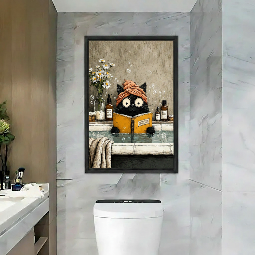 Funny black cat reading in bathtub framed canvas wall art displayed in marble bathroom above toilet