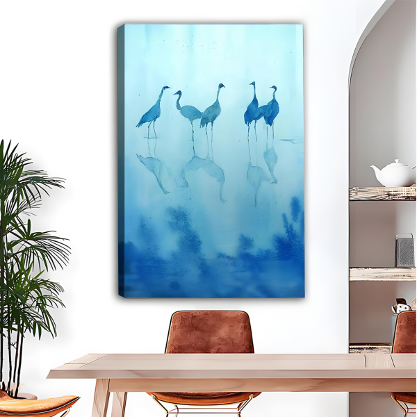 Blue crane watercolor reflection gallery wrap canvas, frameless bird wall art, five cranes standing in blue mist, dining room decor above wooden table
