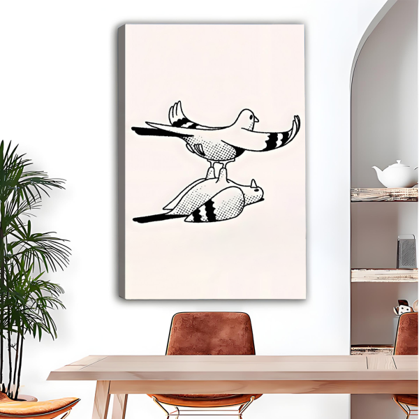 Two pigeons stacked line art canvas print – frameless Nordic minimalist wall decor for dining room