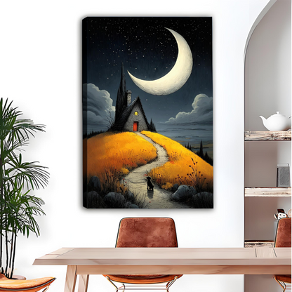 Gothic Fantasy Black Dog Moonlit Night Framed Canvas Art l2691