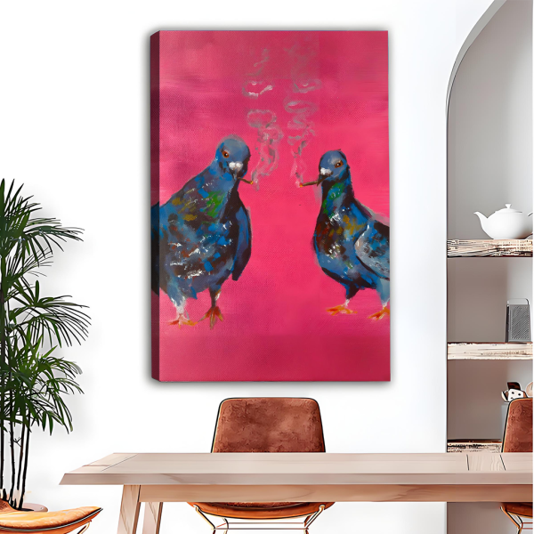 Two pigeons pink pop art gallery wrap canvas wall art, frameless bold bird oil painting, hot pink background, dining room decor above wooden table with leather chairs