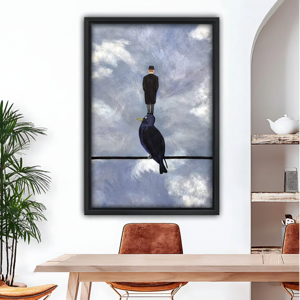 Surreal man standing on crow cloudy sky framed canvas wall art in black frame above dining table