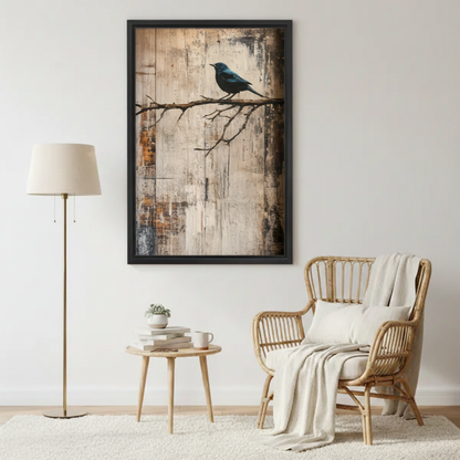 Rustic blue bird framed wall art print, lone bird on bare branch with distressed wood texture background, black frame, entryway decor