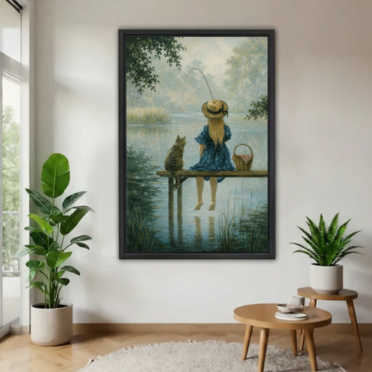 Vintage girl fishing with cat canvas wall art in black floating frame on white wall with green plants