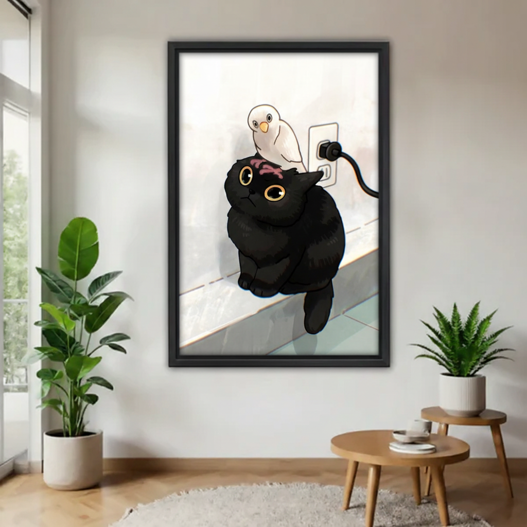 Chubby black cat and white bird anime illustration canvas wall art — kawaii style framed print, modern cat lover home decor