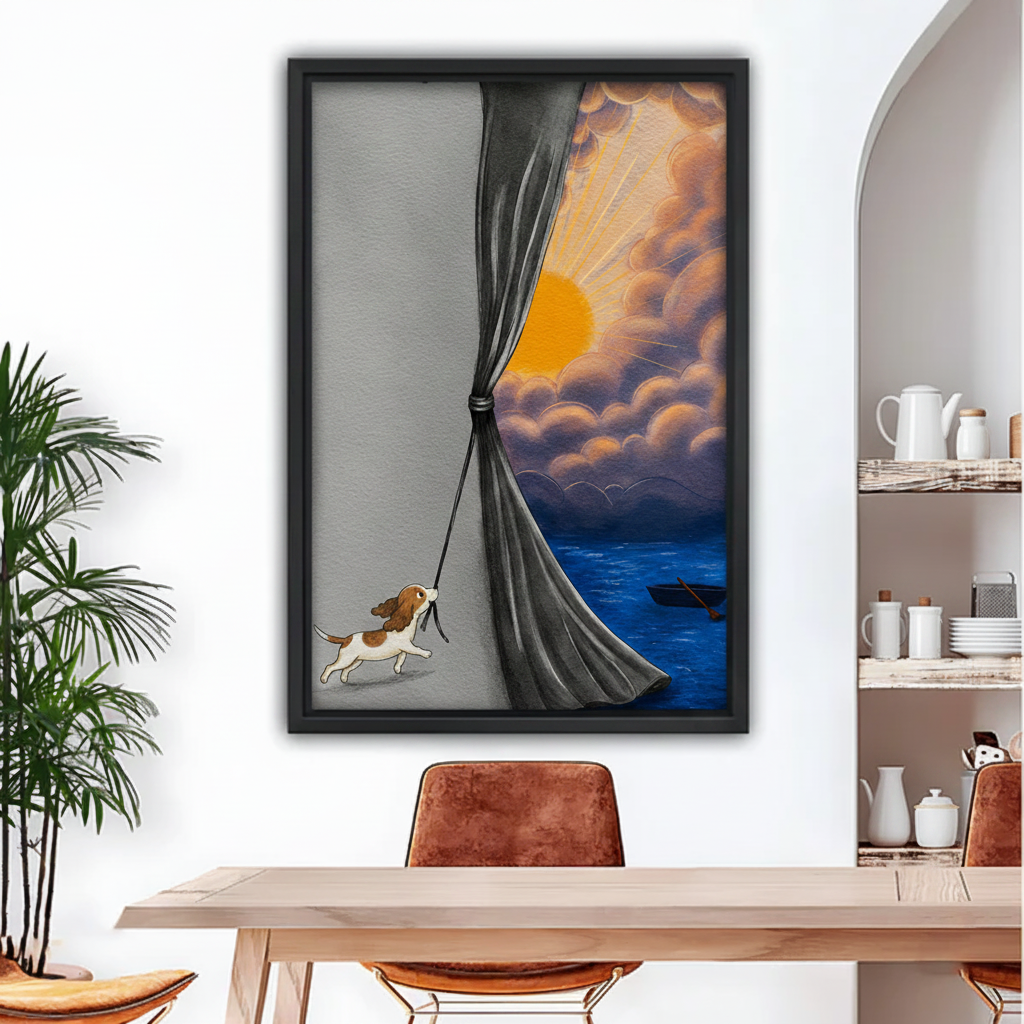 Whimsical dog sunrise canvas wall art in black float frame above dining table – Liberty Signs