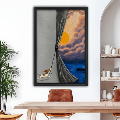 Whimsical dog sunrise canvas wall art in black float frame above dining table – Liberty Signs