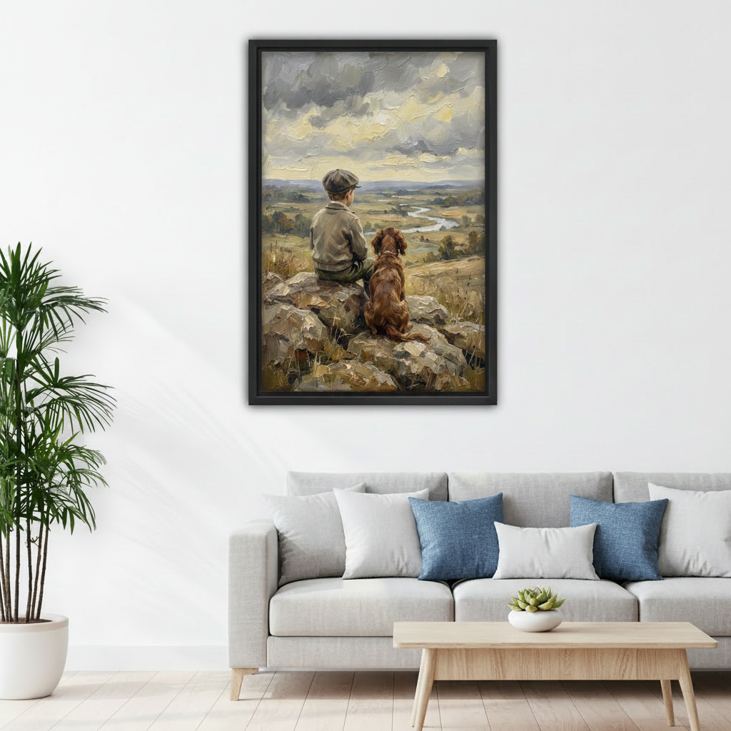 Boy and dog oil painting canvas wall art above sofa in warm rustic farmhouse living room