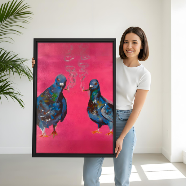 Two pigeons pink pop art framed canvas art, black frame, woman holding bold colorful bird wall art print, eclectic home decor gift idea