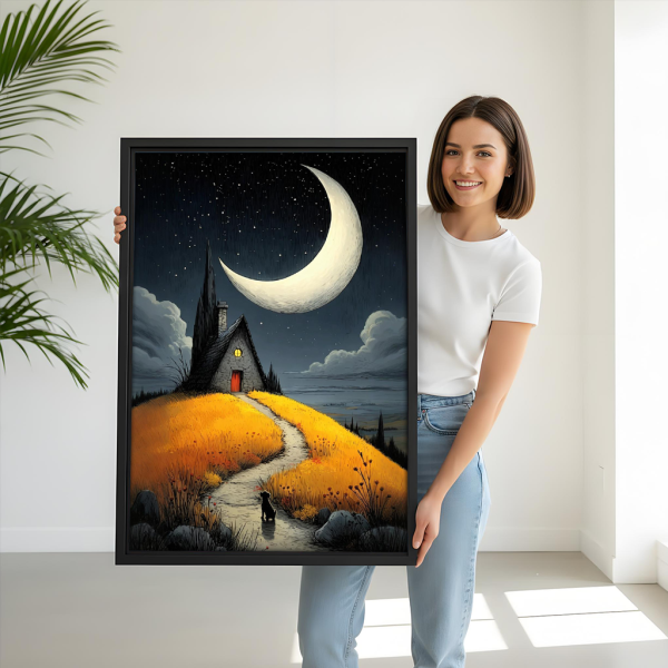 Gothic Fantasy Black Dog Moonlit Night Framed Canvas Art l2691