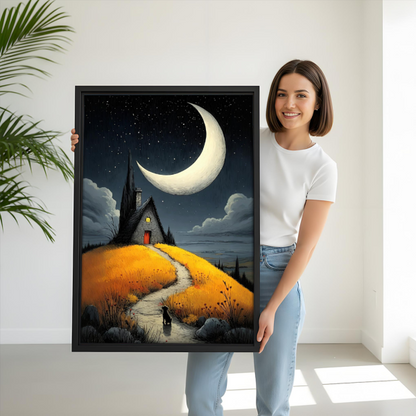 Gothic Fantasy Black Dog Moonlit Night Framed Canvas Art l2691