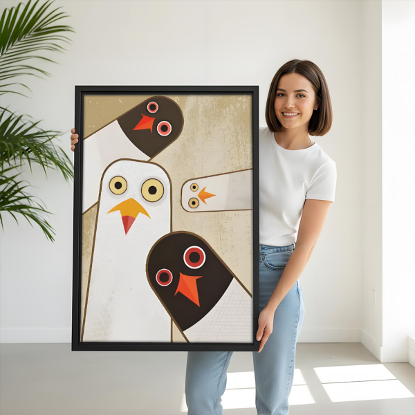 Woman holding abstract geometric birds framed canvas print – Nordic minimalist wall art gift 