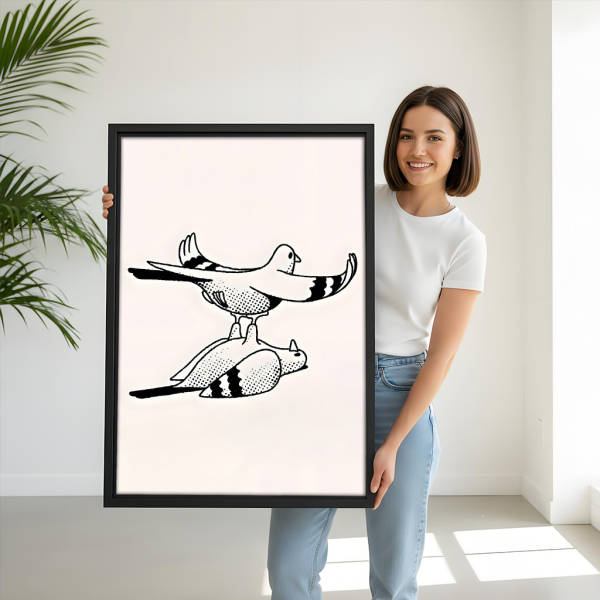 Woman holding minimalist pigeon line art framed canvas print – Nordic black white wall art gift