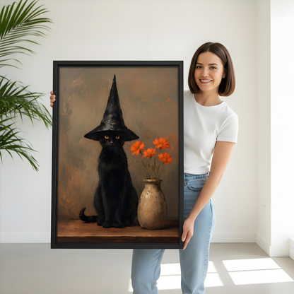 Woman holding gothic black cat witch hat framed canvas print – vintage oil painting wall art gift