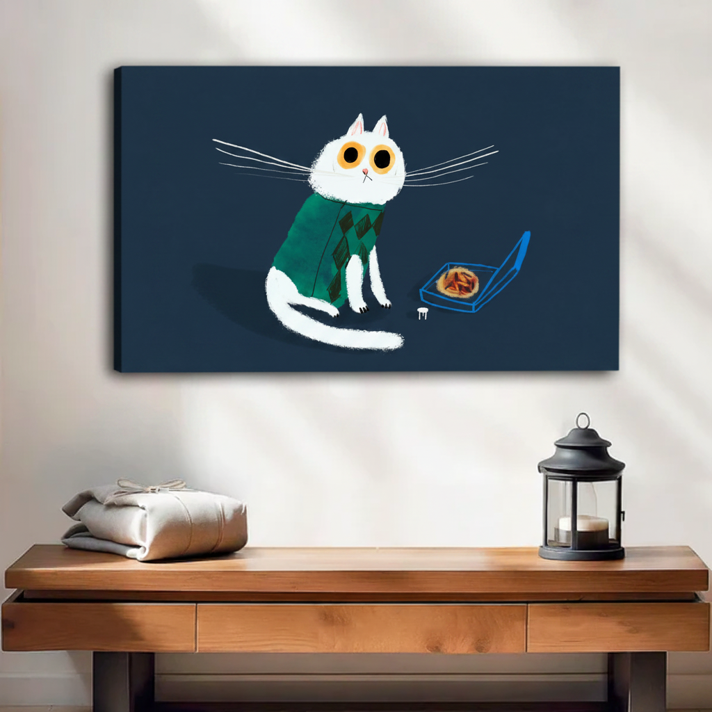 Whimsical white cat in argyle sweater with pizza box canvas art — gallery wrap print for modern home decor