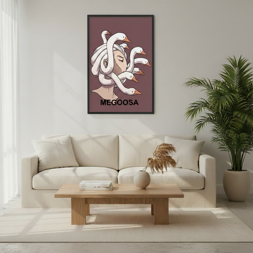Megoosa humorous Medusa goose illustration canvas – bold mythology wall art, unique gift for art and humor lovers