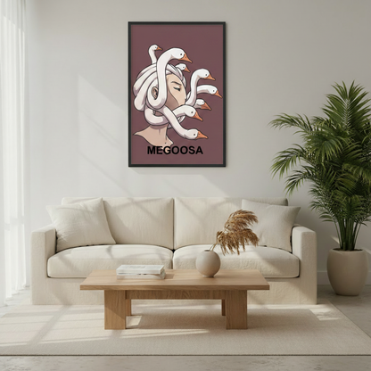 Megoosa humorous Medusa goose illustration canvas – bold mythology wall art, unique gift for art and humor lovers
