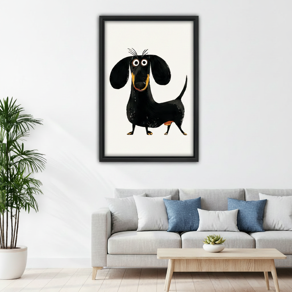 	Dachshund framed canvas print above bed in cozy bedroom – charming wiener dog wall art for bedroom decor