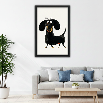 	Dachshund framed canvas print above bed in cozy bedroom – charming wiener dog wall art for bedroom decor