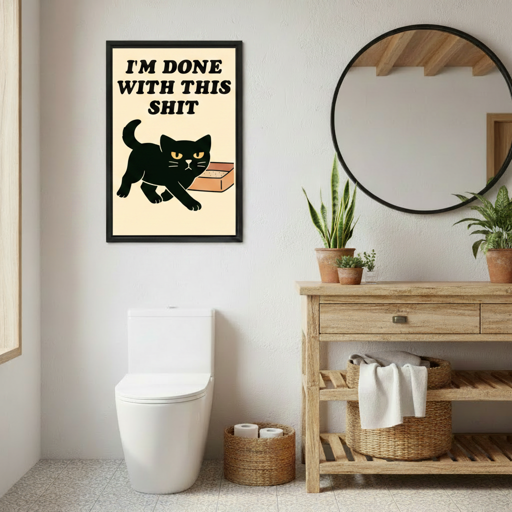 Funny black cat wall art canvas print in modern room, bold retro humor cat lover wall decor