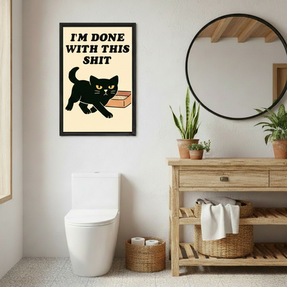 Funny black cat wall art canvas print in modern room, bold retro humor cat lover wall decor