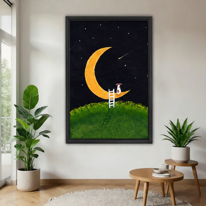 Whimsical framed canvas wall art of a dog climbing a ladder to the crescent moon against a starry night sky