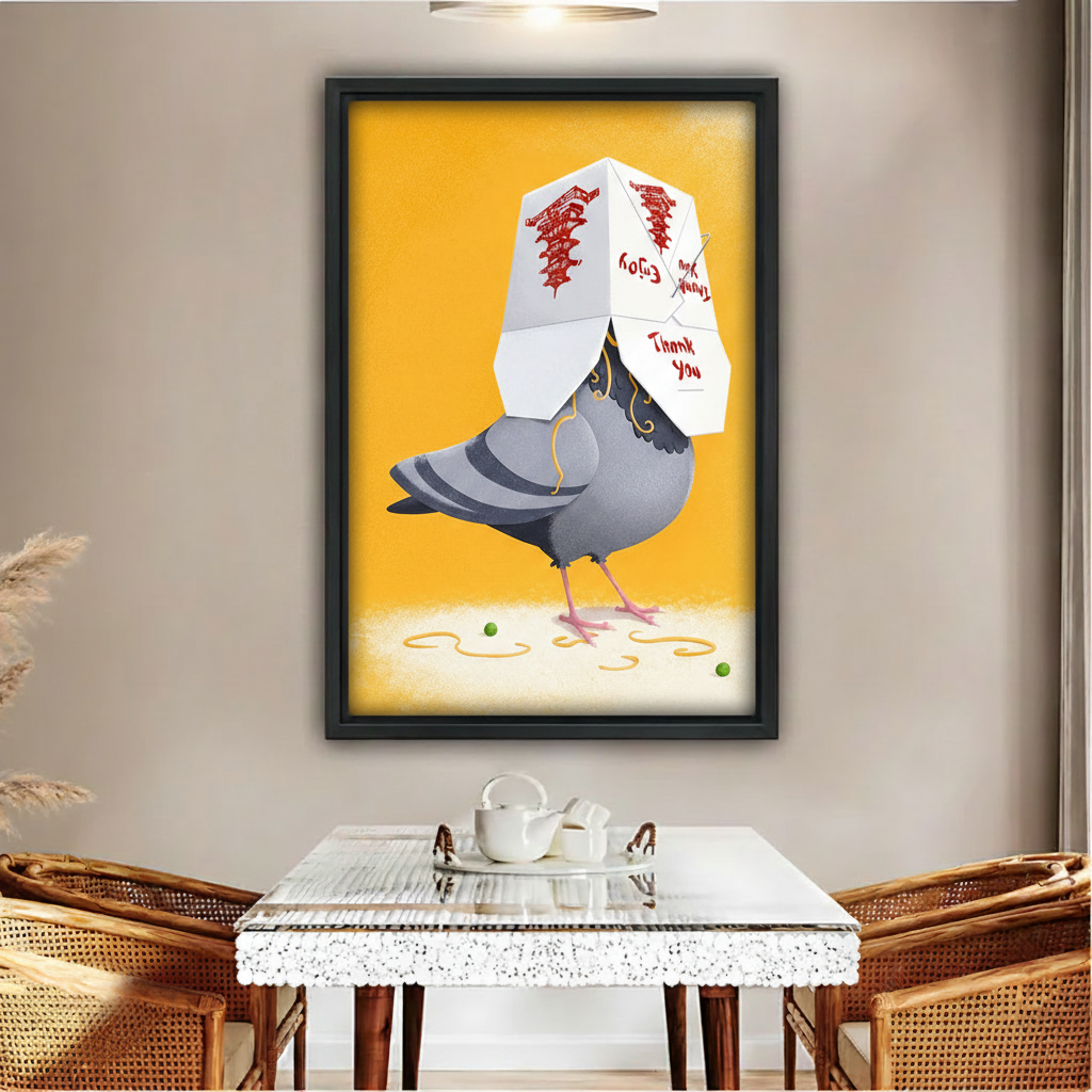 Funny pigeon street art canvas print with Chinese takeout box on yellow background