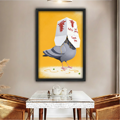 Funny pigeon street art canvas print with Chinese takeout box on yellow background