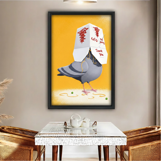 Funny pigeon street art canvas print with Chinese takeout box on yellow background