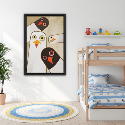 Abstract geometric birds framed canvas wall art in kids room – Nordic minimalist print for children's bedroom