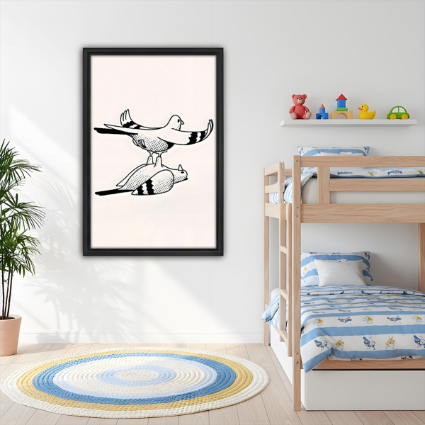 Minimalist line art pigeons framed canvas wall art in kids room – Nordic whimsical bird print for children