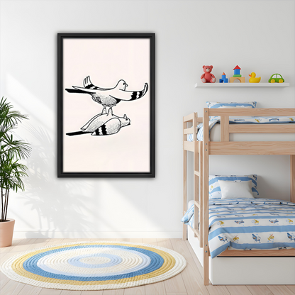 Minimalist line art pigeons framed canvas wall art in kids room – Nordic whimsical bird print for children