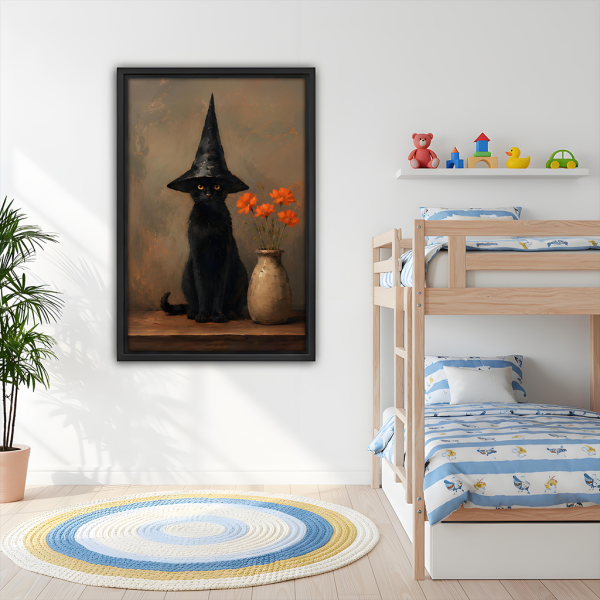 Gothic black cat witch hat framed canvas wall art in kids room – vintage dark cat print for children's bedroom