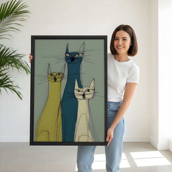 Mid-Century Modern Cats Trio Framed Canvas Wall Art l2690